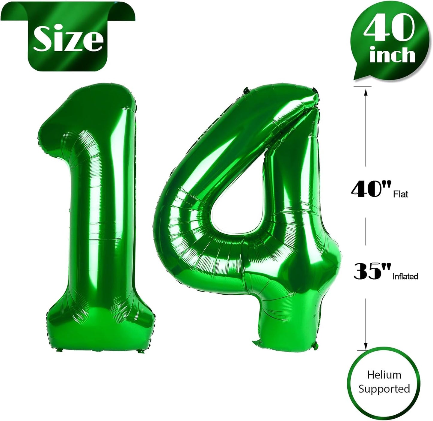 Green Number 14 Balloon 40 inch, 14 Number Balloons, 14th Green Birthday Decorations, 14 Year Old Girls Boys Party Supplies, St. Patrick's Day Games Theme Birthday Decorations