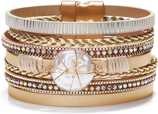 Fesciory Leopard Bracelet for Women, Boho Leather Wrap Multi-Layer Pearl Crystal Bracelet Bangle Jewelry