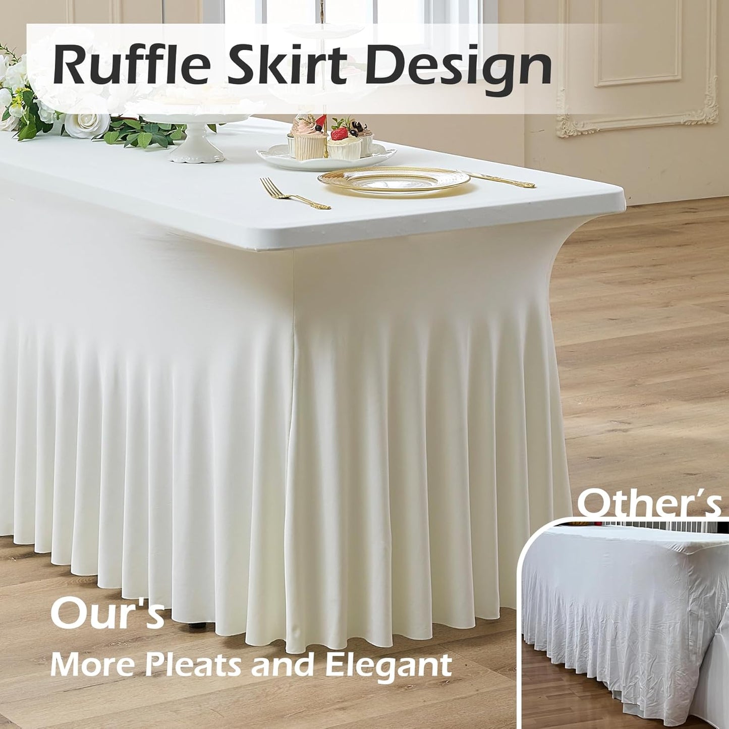 NSSONBEN 4 pk Ivory Spandex Tablecloths for 8 Foot Rectangle Tables,Wrinkle Free Stretchy Cream Table Clothes Fitted Table Cover 8 ft Desk Skirt for Parties Weddings Birthday Banquet Baby Shower