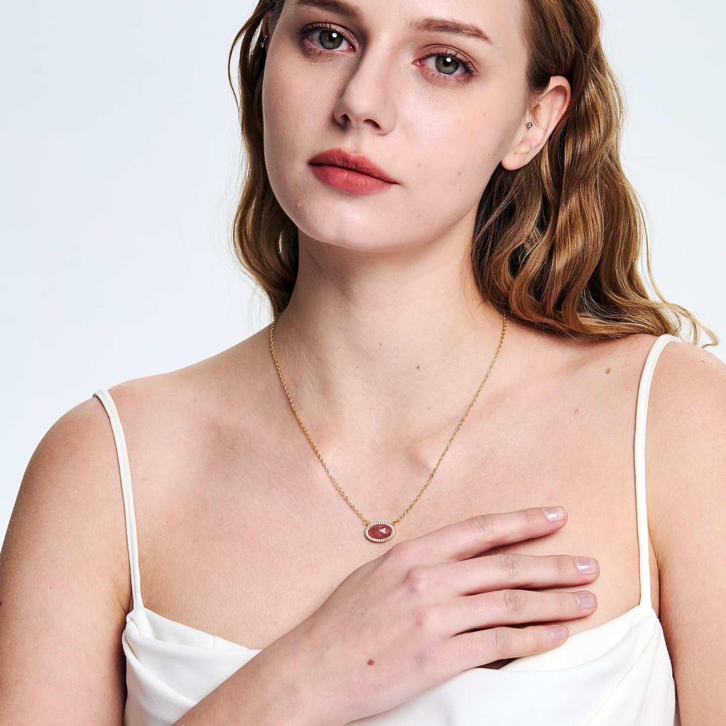 14K Gold Plated Pendant Necklace for Women Oval Cut Gemstone Crystal Pendant Necklaces Birthday Gifts for Women Mom Wife Friends