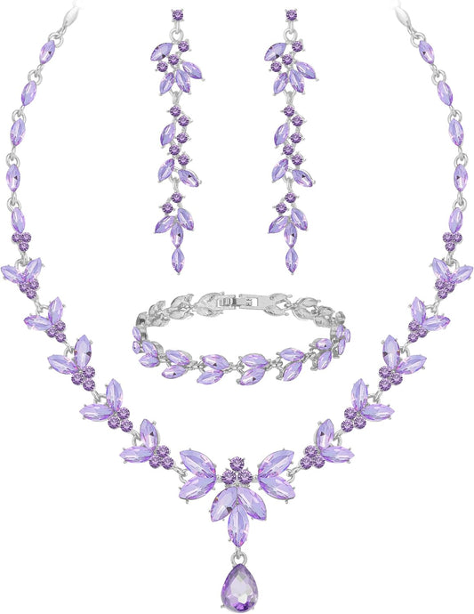 Wedding Jewelry Sets for Bride Bridesmaid Bridal Jewelry Set for Women Wedding Crystal Necklace Earrings Bracelet Set for Party Prom Jewelry