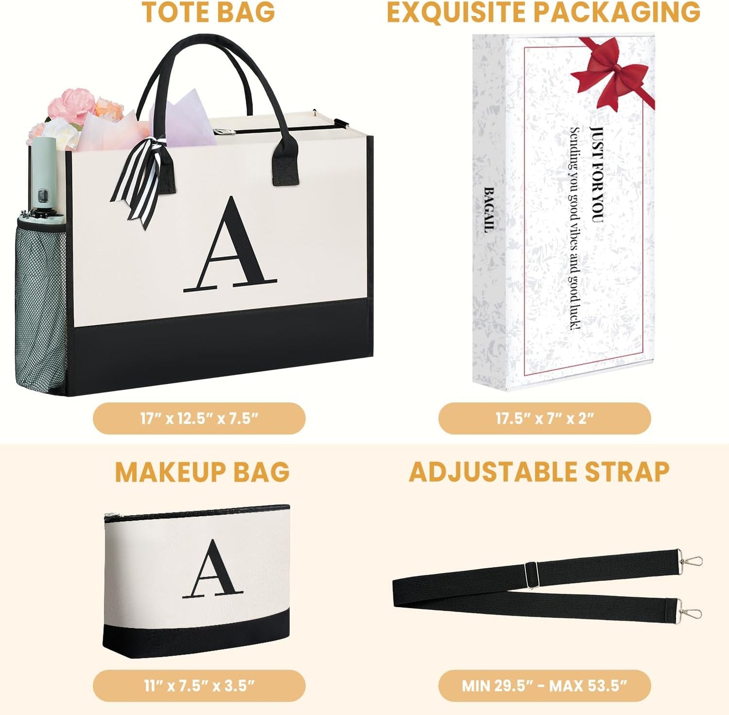 BAGAIL Initial Tote Bag, Personalized Birthday Gifts for Women, Teacher, Friends, Mom, Wedding, Monogrammed Beach Bag