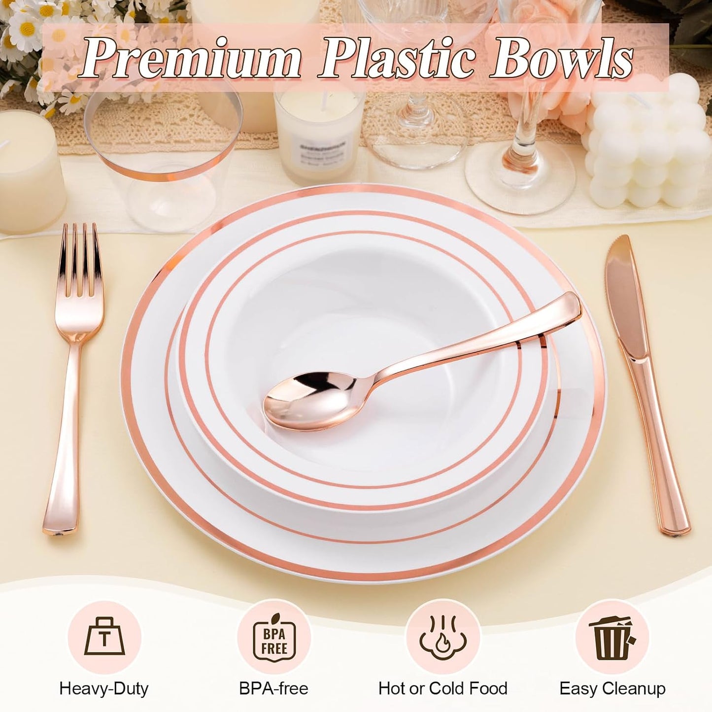 50 Pack Disposable Soup Bowls with Rose Gold Rim, 12oz Premium Heavy Duty Plastic Dinner Bowls for Party, Wedding and Holiday