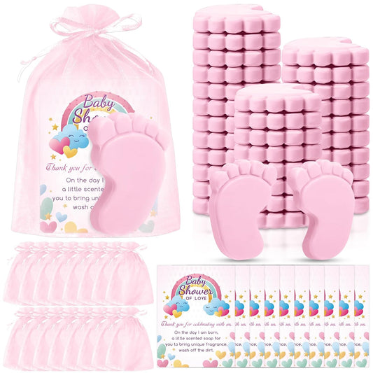 30 Sets Baby Shower Favors Refreshing Foot Soap Perfect Baby Shower Favors for Guests, Gifts, and Prizes with Organza Bags Thanks Cards (Pink)
