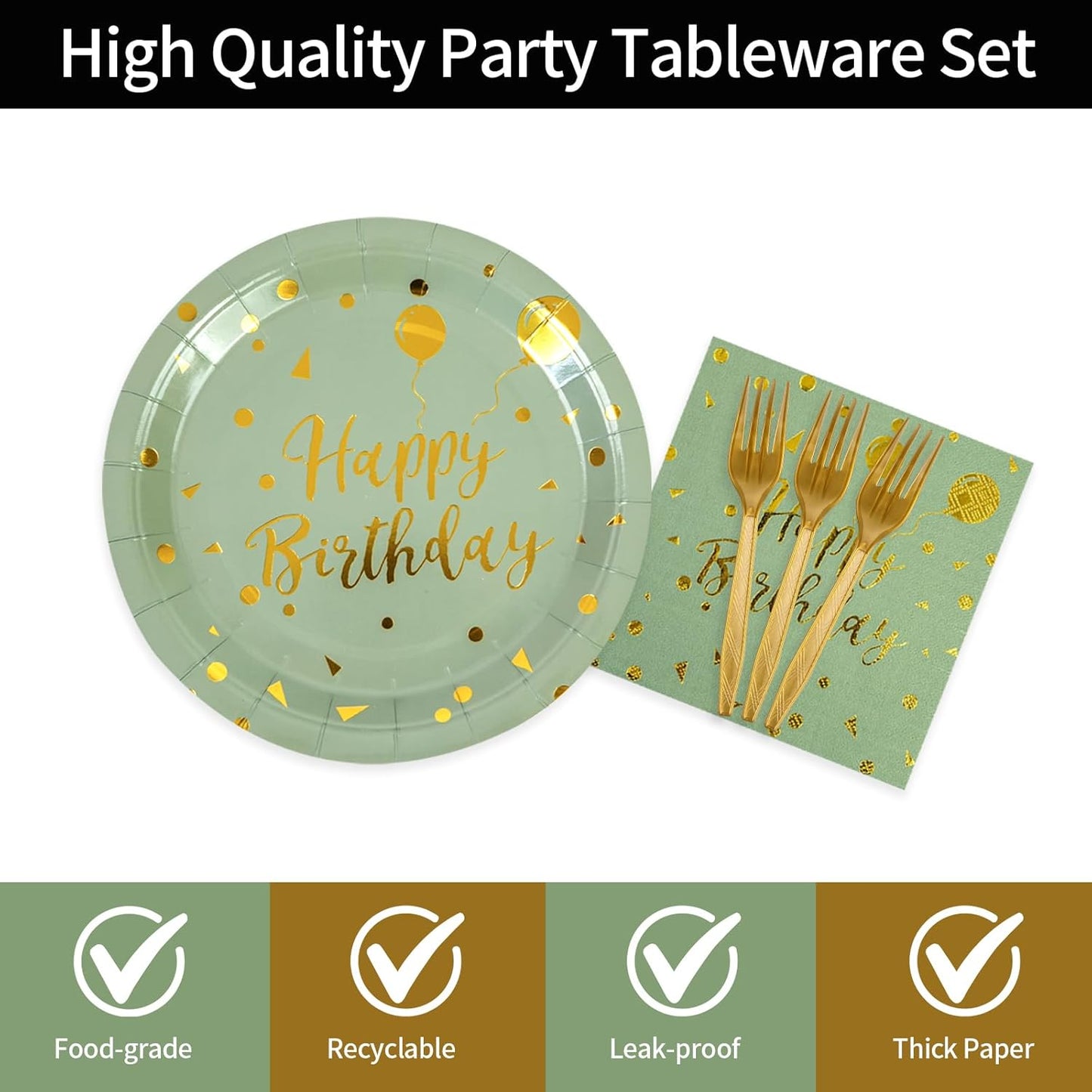 48PCS Happy Birthday Plates and Napkins Party Supplies, Sage Green and Gold Disposable Paper Plates and Napkins with Forks Tableware Set for Birthday Party Decorations 16 Guests (Sage Green)