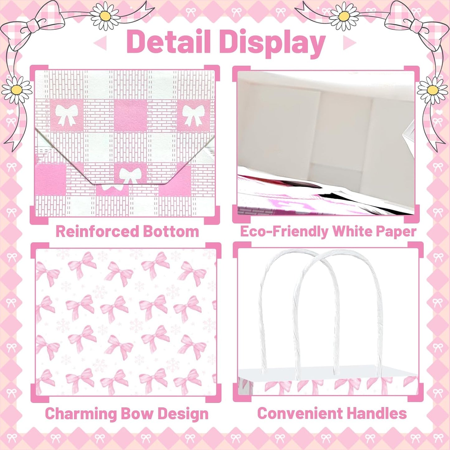 12 Pcs Pink Ribbon Bow Gift Bags with Handles, Plaid Kraft Paper Bags for Coquette-Style Birthday Party Favors, Baby Shower, Wedding, Girls Tea Party, Cute Pink Goodie Bag Bulk for Treats and Gifts