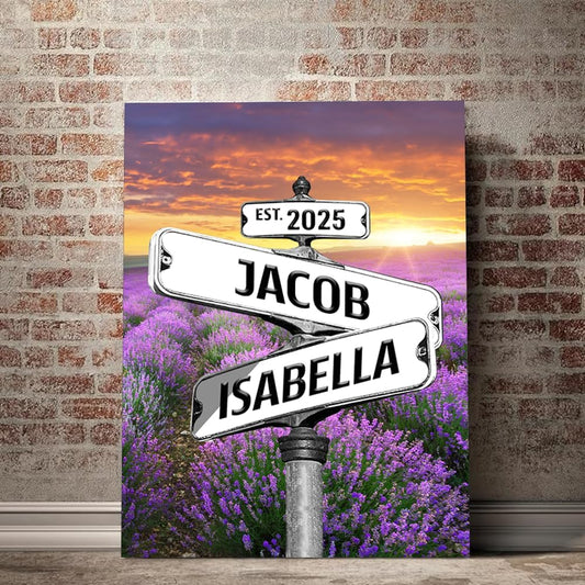 Personalized Lavender Garden Canvas Poster - Vintage Street Sign Style, Custom Name And Date - Perfect For Anniversary, Wedding, Birthday Gifts