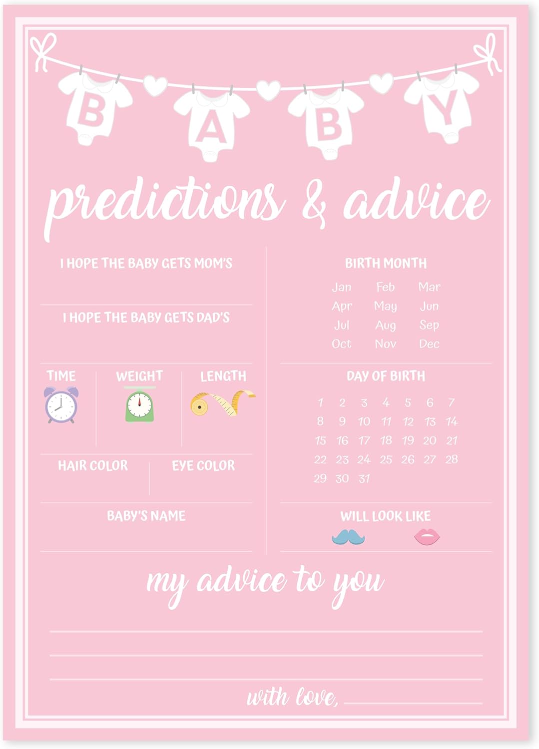 Party Hearty Baby Shower Games for Girl, 50 pcs Pink Prediction & Advice Game, Fun Activity Cards, Baby Shower Ideas