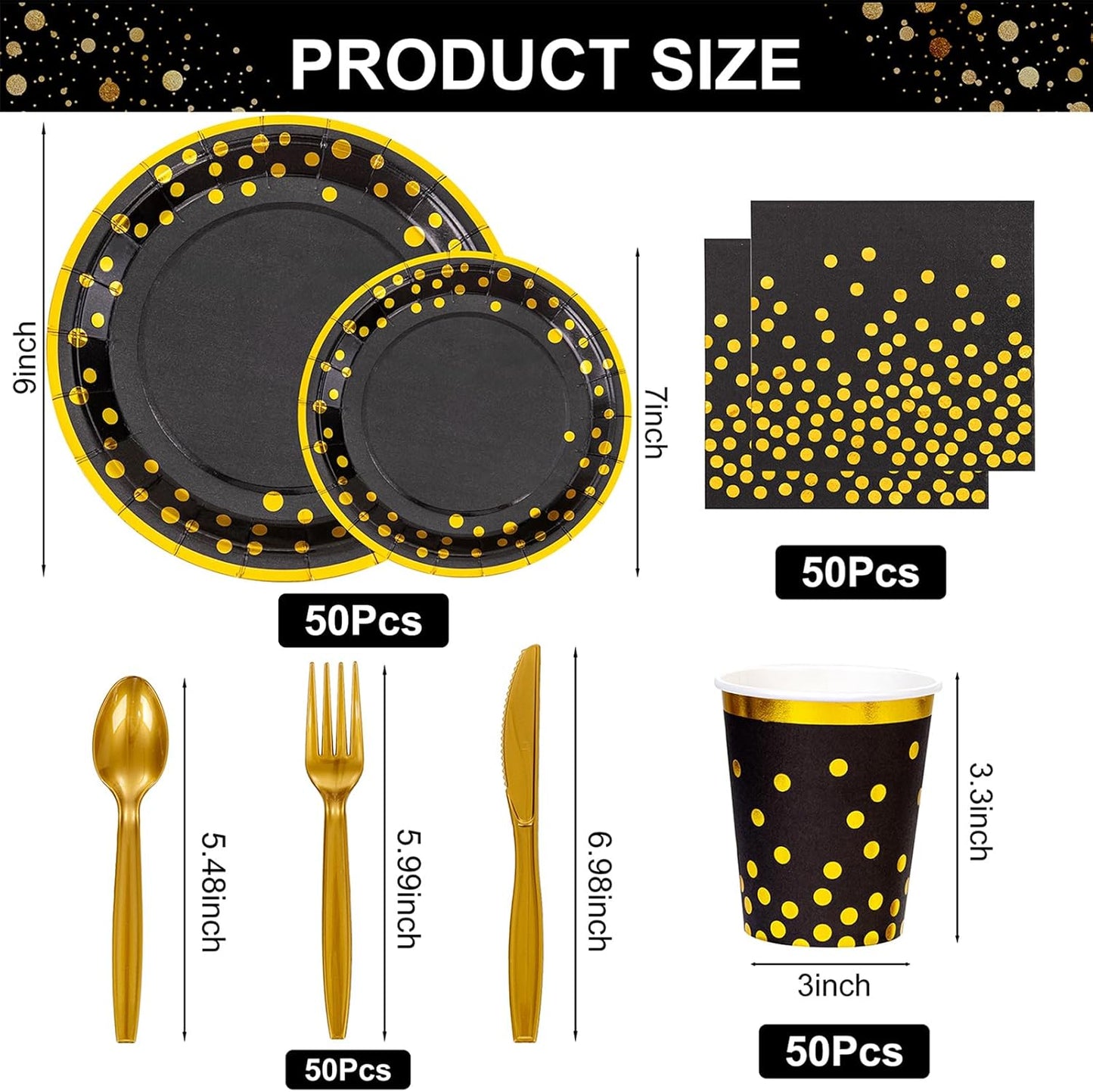 Supernal 350pcs Black and Gold Plates & Napkins Party Supplies,10inch Birthday Plates 7inch Black and Gold Paper Plates Gold Plastic Forks,Knives,Spoons,Black Napkins Cups Served 50 Guest for Birthday
