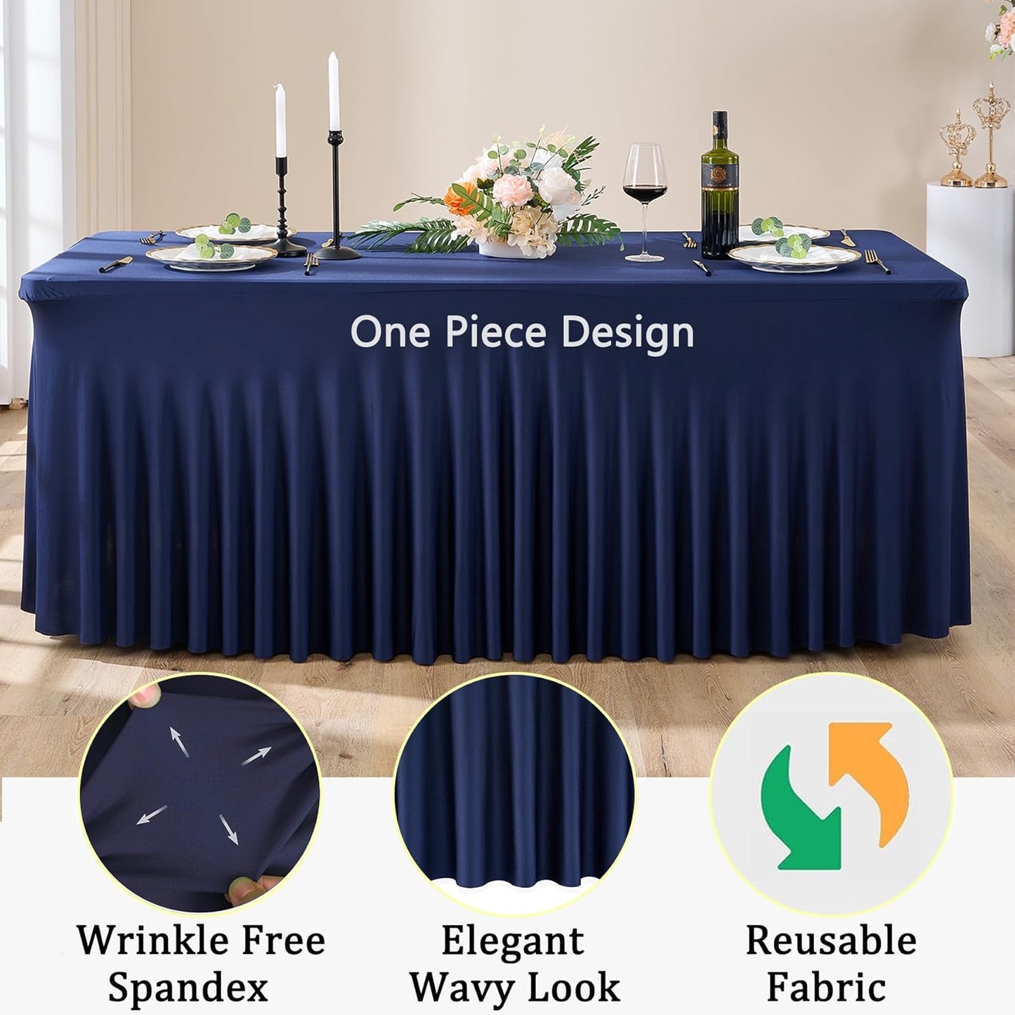 4 Pack Spandex Navy Blue Tablecloths for 8 Foot Rectangle Tables, Fitted Table Cloth 8ft Stretchy Tablecover Skirt for Parties Weddings Birthday Banquet Baby Shower