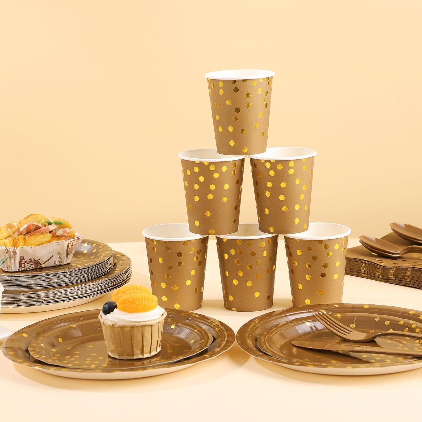 Brown and Gold Party Decorations, Brown Plates and Napkins Party Supplies 175Pcs Terracotta Paper Plates for Mexicanos Birthday Holiday, Serves 25