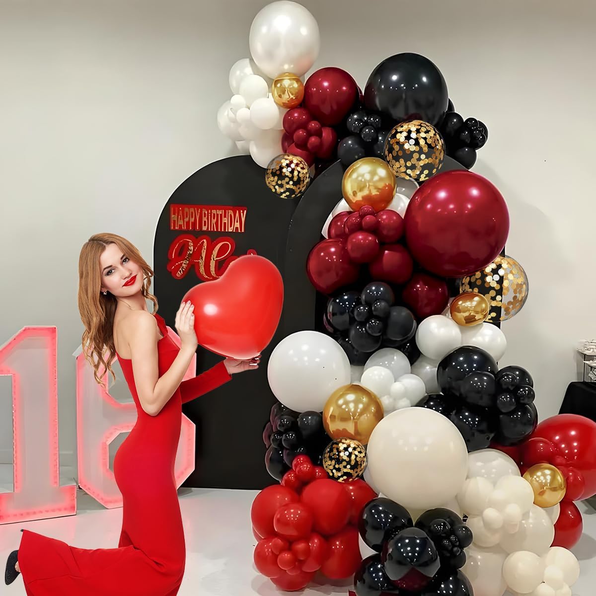 Burgundy Black White Gold Balloon Arch Garland Kit, 147PCS Latex Balloons Different Sizes 18 12 10 5 inch for Valentines Wedding Bachelorette Birthday Mothers Day Graduation Party Decoration