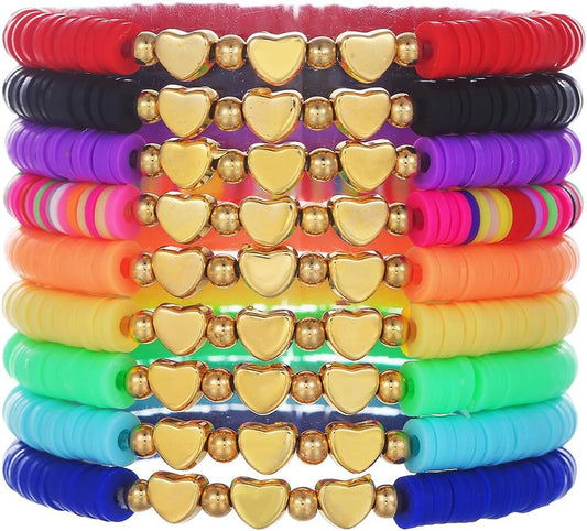 Friendship Bracelets for Women - Heishi Surfer Colorful Smile Evil Eye Clay Beaded Stretch Bracelets Elastic Layering - Stackable Boho Disc Y2K Aesthetic Summer Jewelry Set.