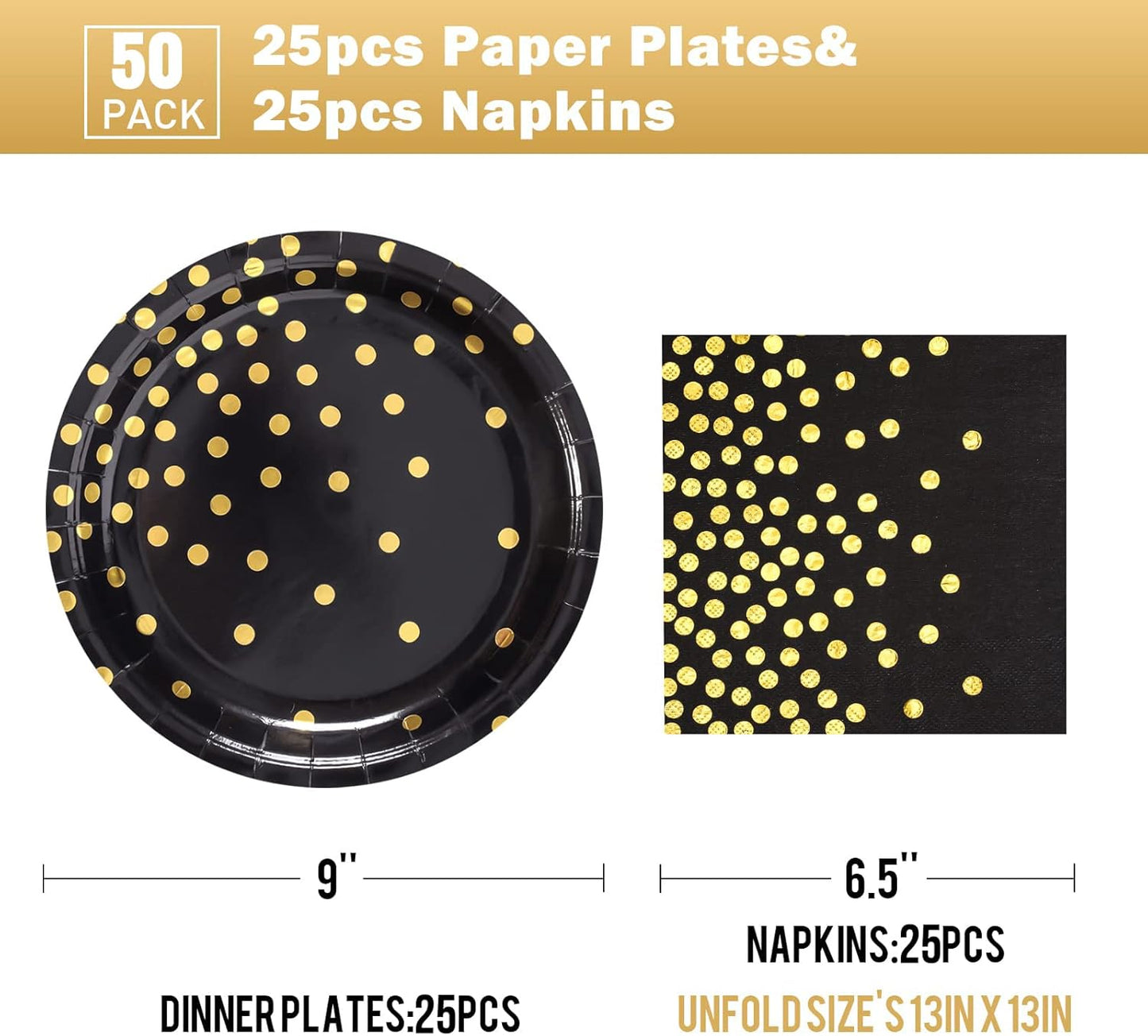 Black and Gold Paper Plates-50 Pack-25 * 7inch Paper Plates & 25 * 6.5inch Napkins,Black Plates and Napkins Party Supplies for Graduation Retirement,All Occasions