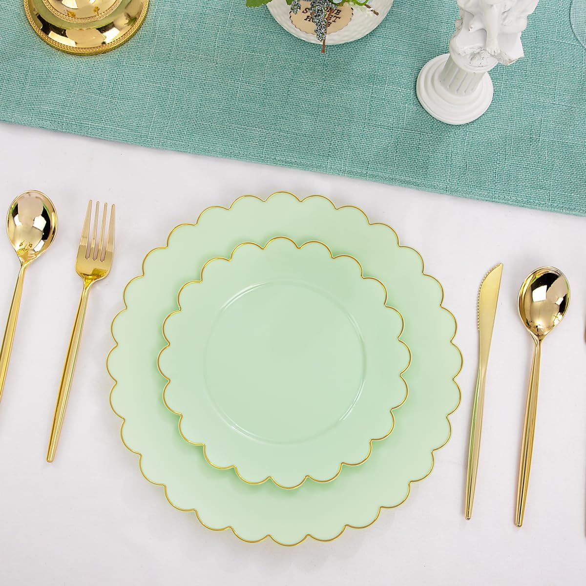 LIYH 60 Pcs Light Green Plastic Plates with Gold Edges, Disposable Sage Green and Gold Plastic Plates Includes: 30 Dinner Plate 10.25 Inch and 30 Dessert Plate 7.5 Inch