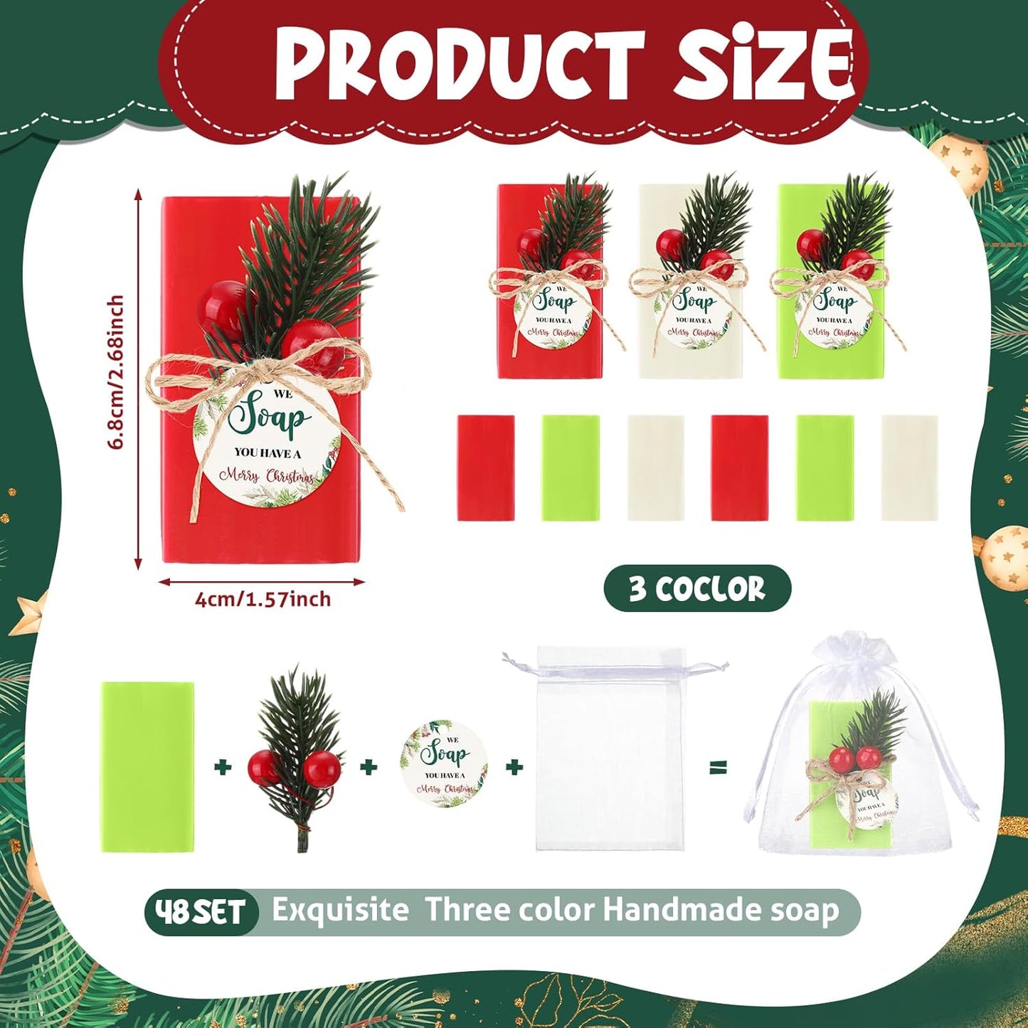 48 Set Christmas Party Favors Bar Soap Gift Bulk Handmade Mini Soaps with Tags Drawstring Gift Bag, Guests Return Thank You Gifts for Xmas Goodie Bags Stocking Stuffers Wedding Party Favors