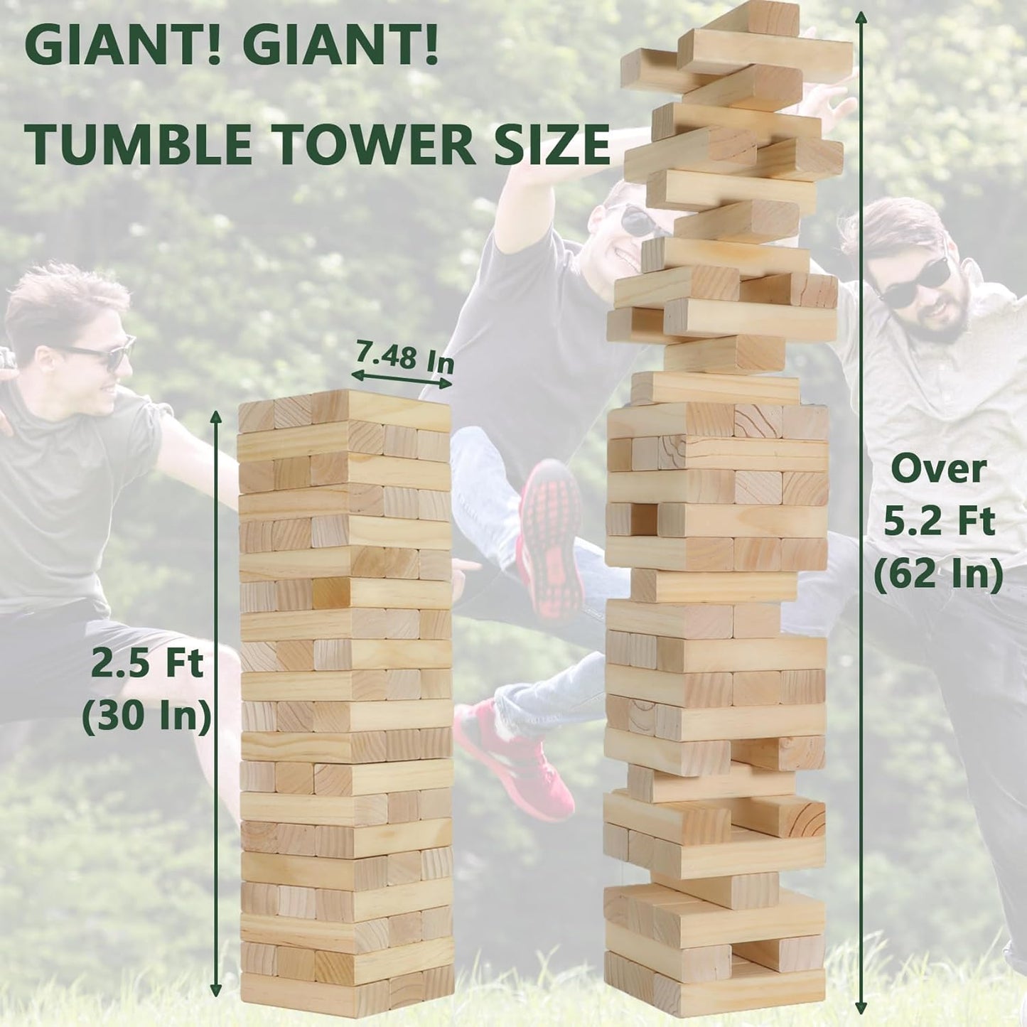 ApudArmis Giant Tumble Tower Stack to Over 5.2Ft, 60 PCS Pine Wooden Stacking Timber Tower,Classic Block Giant Outdoor Indoor Game for Adults, Fun Game at Backyard, Lawn, Party with Family & Friends
