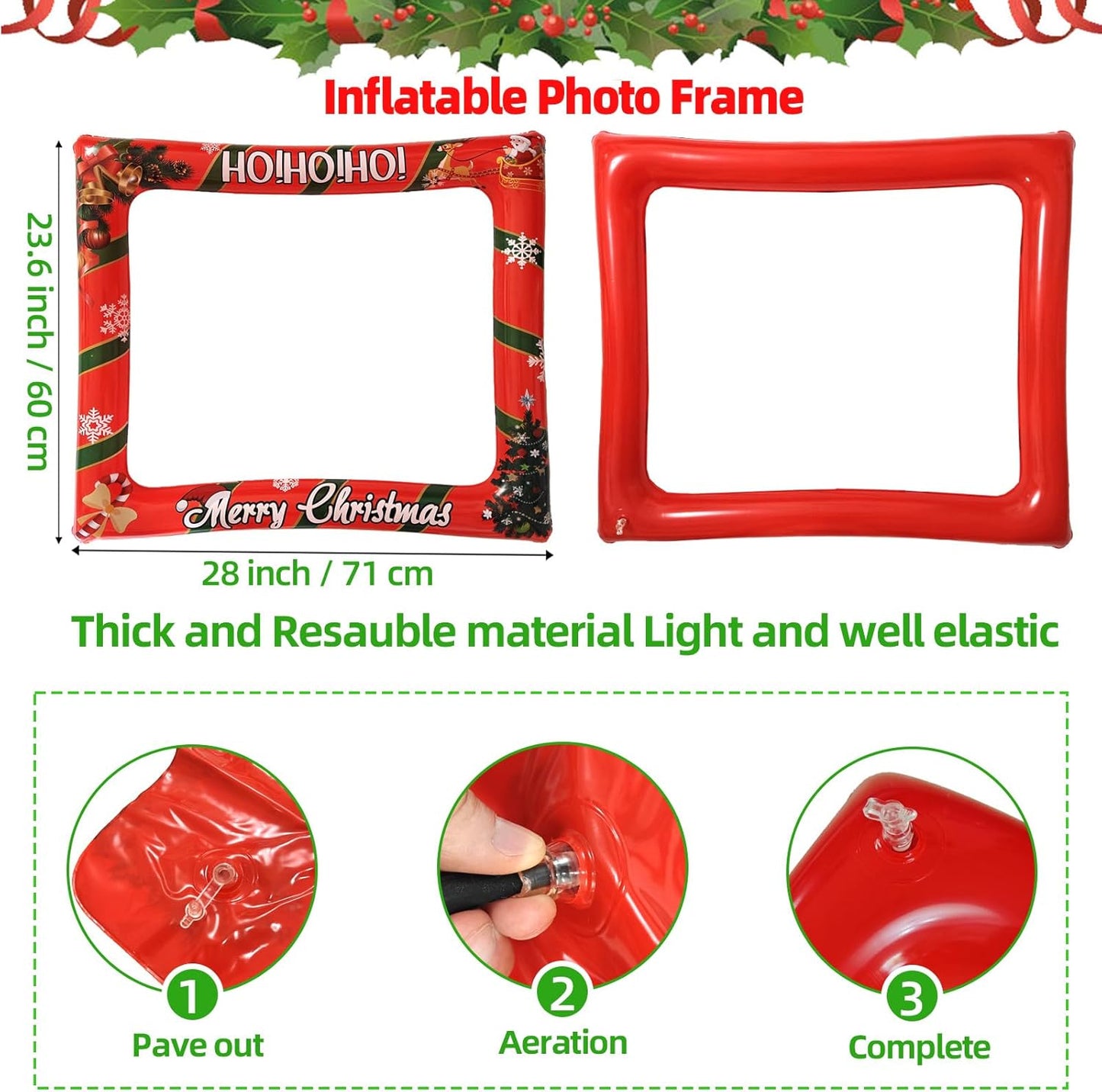 32 PCS Christmas Photo Props with Inflatable Selfie Photo Booth Frame - Funny Christmas Themed Photo Booth Selfie Frame Props for Adults Kids Red and Green Christmas Party Supplies Decorations