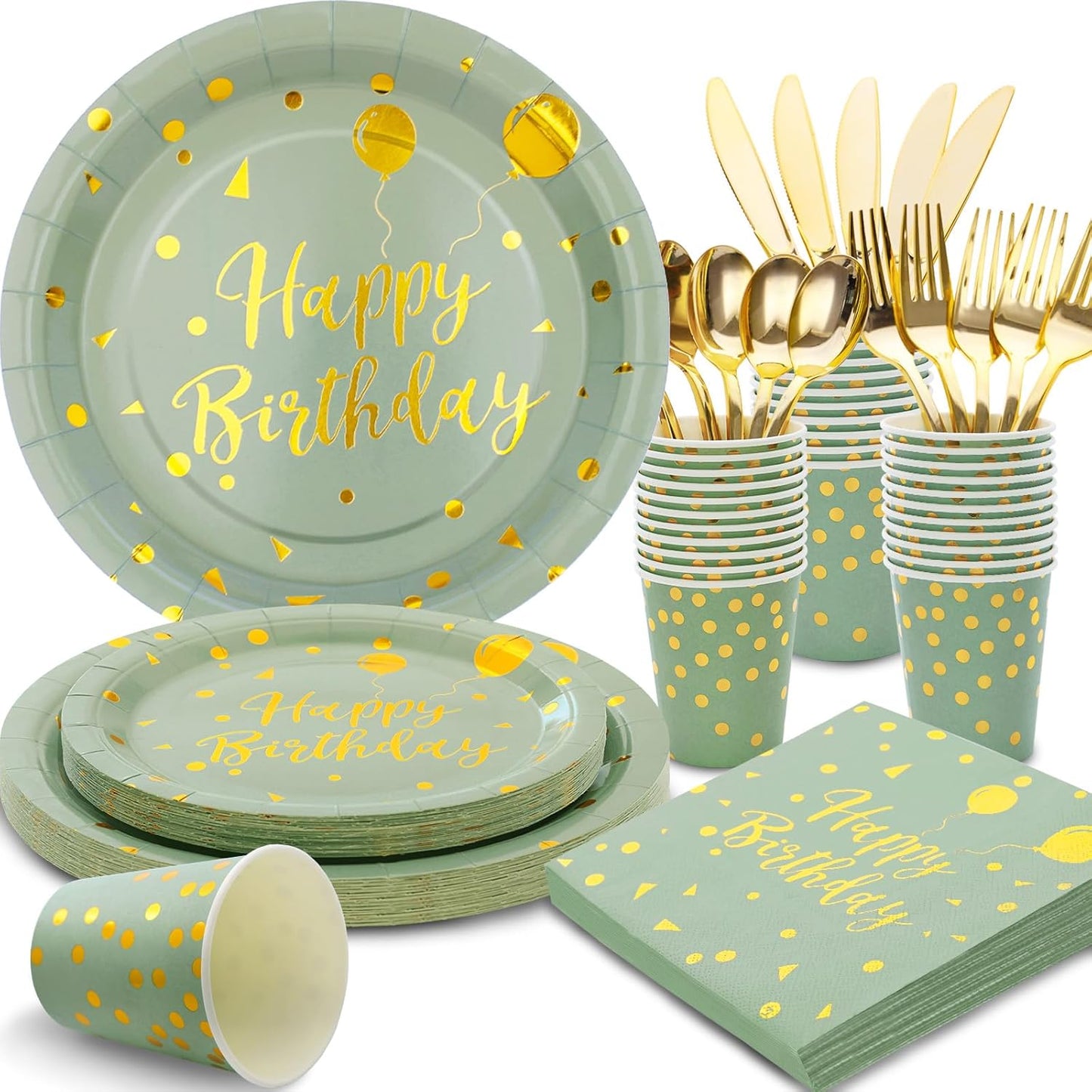 175 Pcs Sage Green Birthday Decorations - Sage Green Birthday Plates and Napkins Party Supplies Serve 25 Guests - Sage Green and Gold Birthday Paper Plates for Girls Women Happy Birthday Party Decor