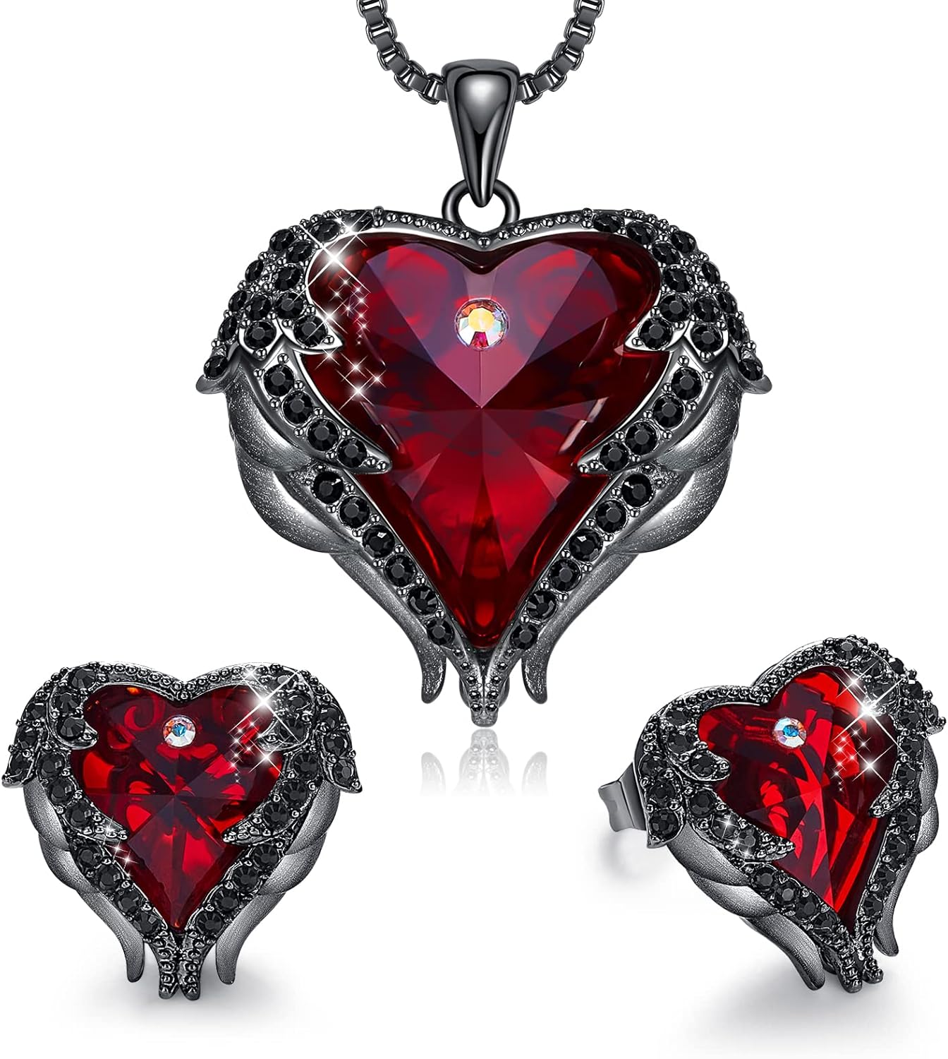 CDE Mothers Day Jewelry Set for Women, Angle Wing Heart Pendant Necklaces and Earrings with Birthstone， Birthday/Anniversary Christmas Jewelry Gift for Women Wife Her