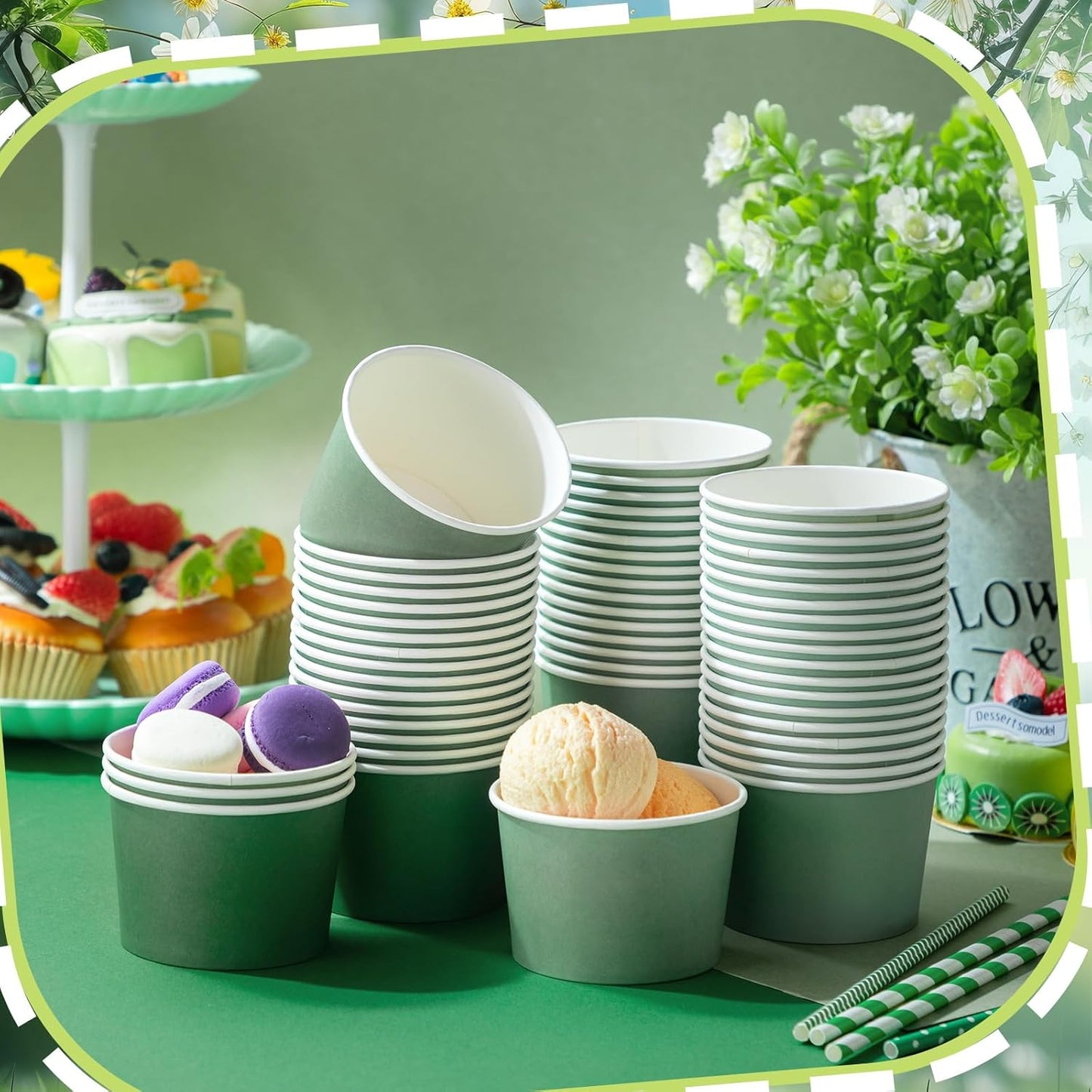 Paper Ice Cream Cups 9oz Colored Disposable Dessert Bowls for Hot or Cold Food Party Cups for Birthday Baby Shower Easter Party Supplies(Sage Green,60 Pcs)