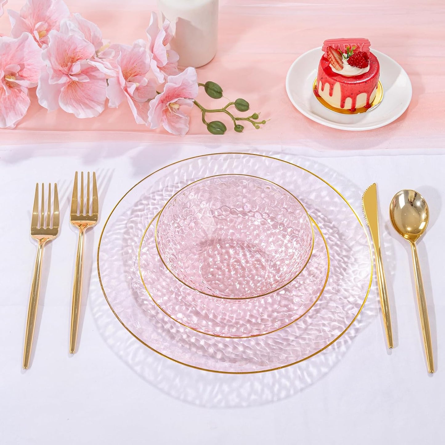 Rubtlamp 30 Pack Clear Pink Disposable Bowls, Clear Plastic Bowls with Gold Rim, 12-16oz Premium Heavy Duty Plastic Dinner Bowls for Party, Wedding and Holiday