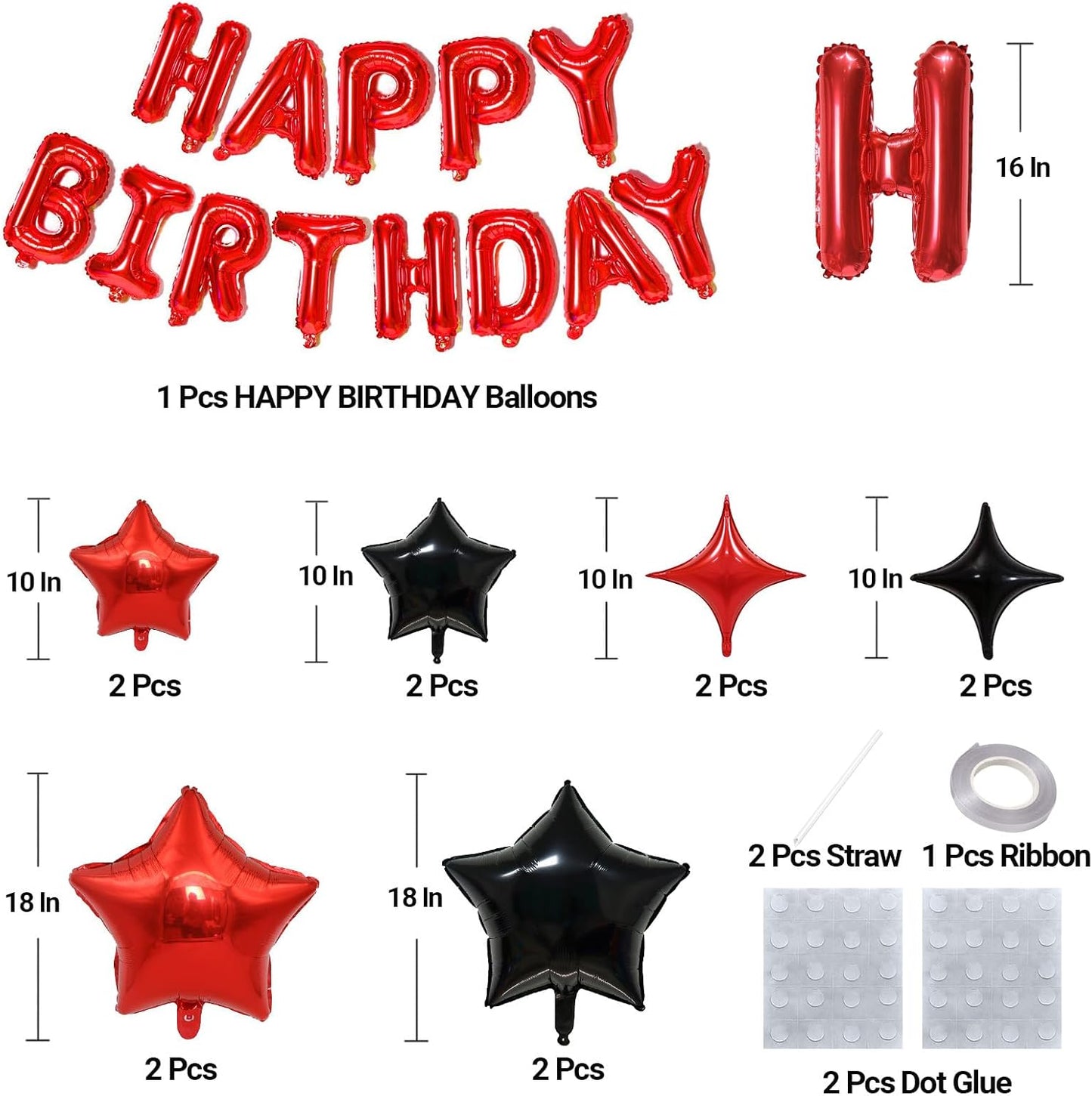 KALOR Red and Black Happy Birthday Balloons Kit with16 Inch Mylar Foil Letters Balloon and Star Balloons for Women, Men, Boys & Girls Kids Birthday Decorations Photo Backdrop