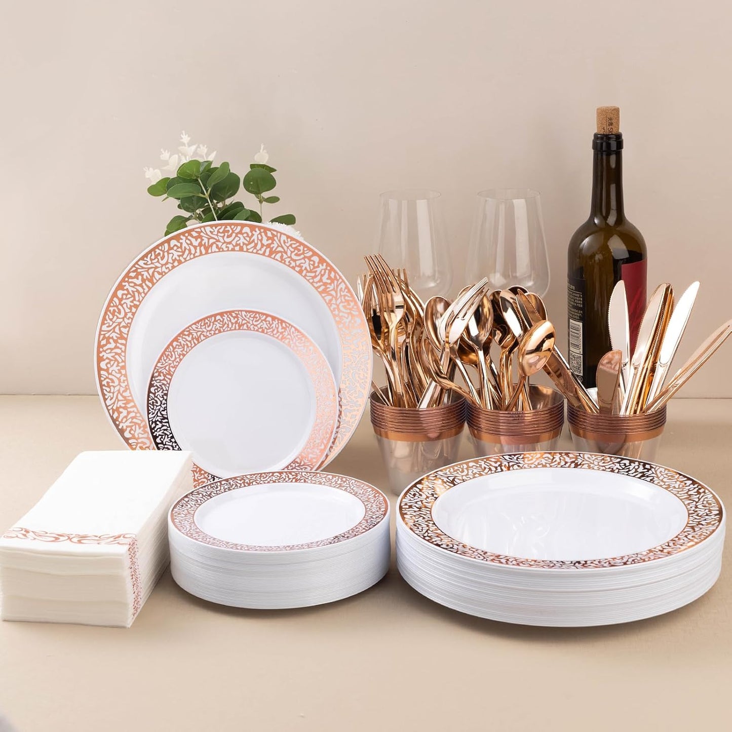 700PCS Rose Gold Plastic Dinnerware Set for 100 Guests, Disposable Plates for Party, Wedding, Include 100 Rose Dinner Plates, 100 Dessert Plates, 100 Set Silverware, 100 Cups, 100 Napkins