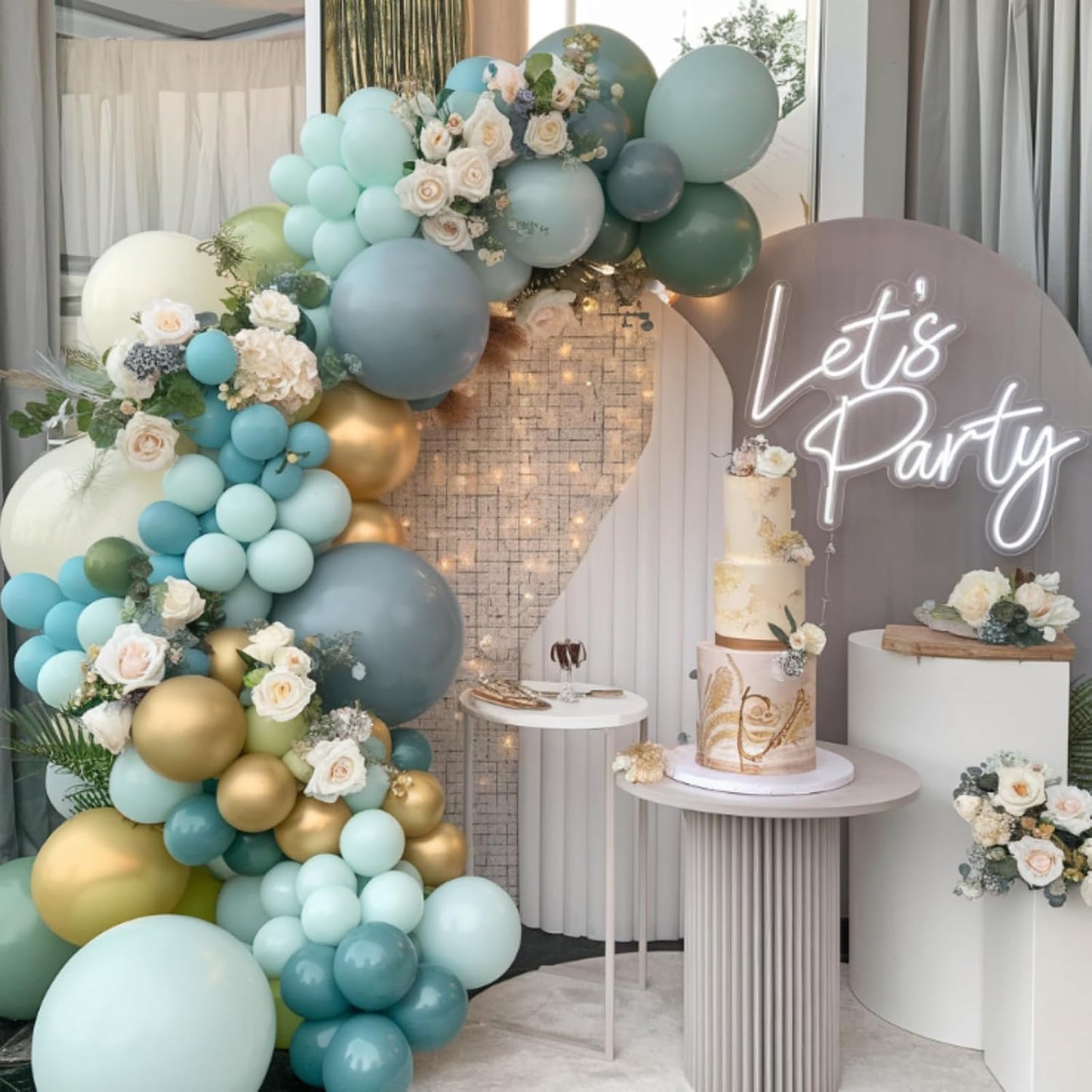 Dusty Blue Balloon Arch Kit with 18/12/10/5 inch Dusty Blue, Green, White Gold Latex Balloons for Birthday, Baby Shower, Wedding, Anniversary, Boho Bridal Party Decorations