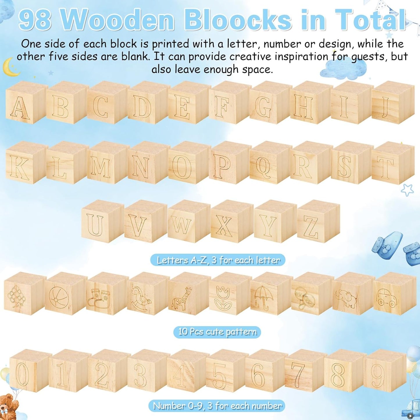 Marsui 136 Pcs Baby Shower Blocks to Decorate Game Kit Includes 98 Wooden Blocks, 36 Markers, 1 Game Sign, 1 Storage Box for Baby Shower Gender Reveal Activity Party Decorations(Blue Bear)