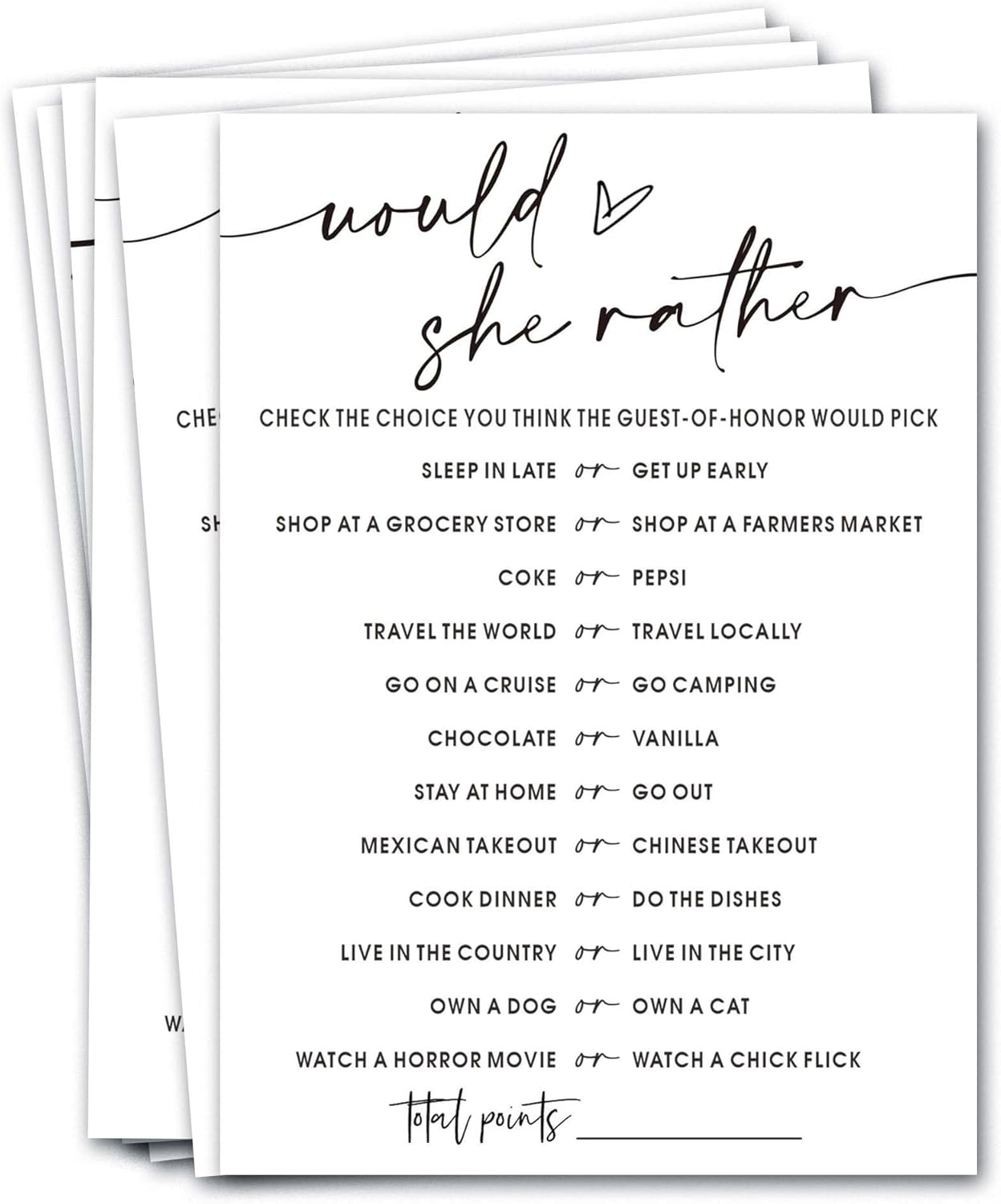 Wedding Shower Games Cards, Would She Rather Bridal Shower Game for 25 Guests, Engagement Party Wedding Games for Guests, Minimalist White Wedding Party Supplies - A11