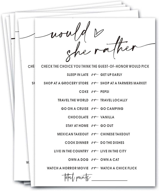 Wedding Shower Games Cards, Would She Rather Bridal Shower Game for 25 Guests, Engagement Party Wedding Games for Guests, Minimalist White Wedding Party Supplies - A11