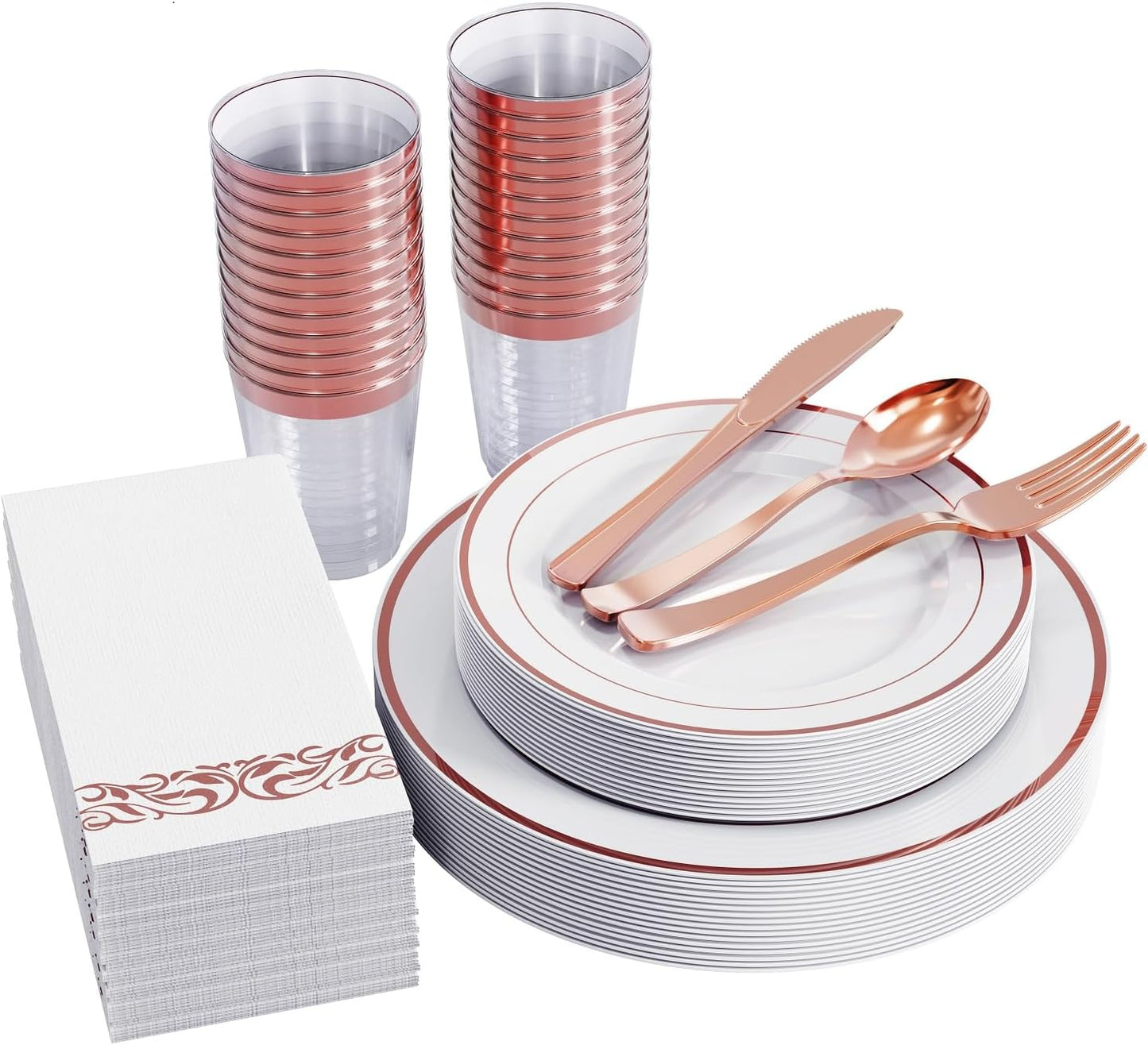 FOCUSLINE 175 Count Rose Gold Dinnerware Set for 25 Guests - Rose Gold Rimmed White Disposable Plastic Plates Heavy Duty, Includes 25 Dinner & Salad Plates, Cups, Cutlery Set for Wedding Parties