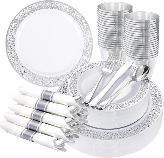WELLIFE 175Pcs Silver Dinnerware Sets, Include:25 Dinner Plates, 25 Dessert Plates, 25 Paper Napkins, 25 Cups, 75 Silver Silverware Set for Party and Weddings