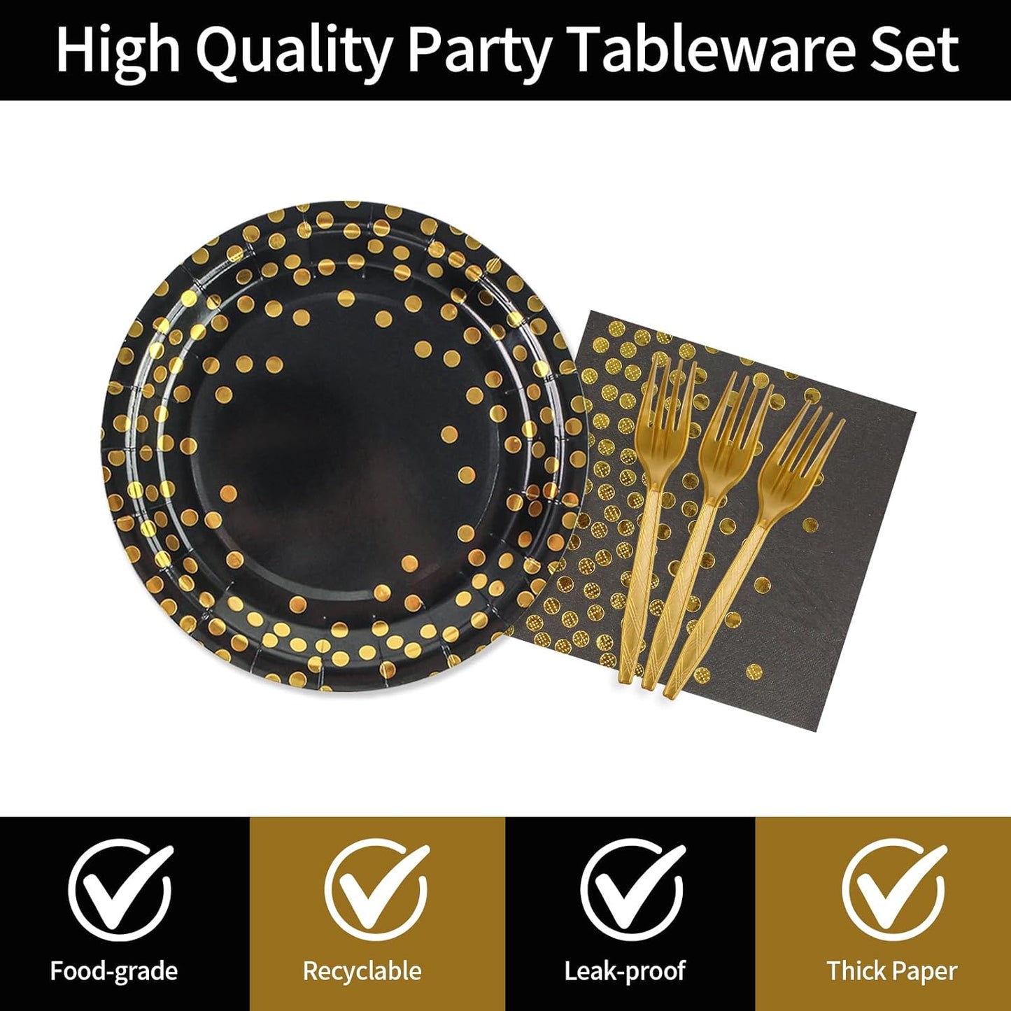48PCS Black and Gold Plates and Napkins Party Supplies, Gold Dot Disposable Paper Plates and Napkins with Forks Tableware Set for Birthday Wedding Retirement Graduation Party Decorations 16 Guests