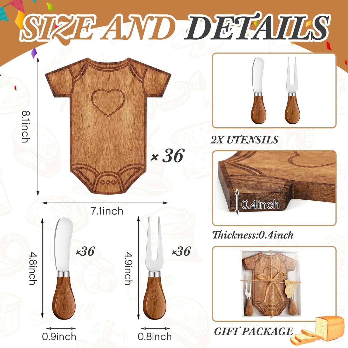 36 Set Baby Shower Gifts for Guests Clothing Shaped Charcuterie Board Set Thank You Tags with Box Mini Cheese Board Party Favors for Gender Reveal Favors Baby Shower Game Prizes (Acacia Color)
