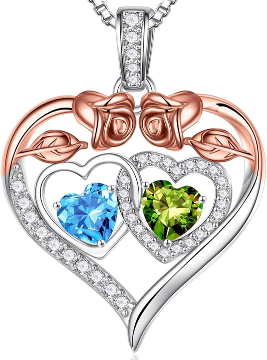 Iefil Double Birthstone Necklace Gifts for Wife Girlfriend Her Women, Birthstone Jewelry Gemstone Valentines Birthday Gifts for Her Women Wife Mom Grandma