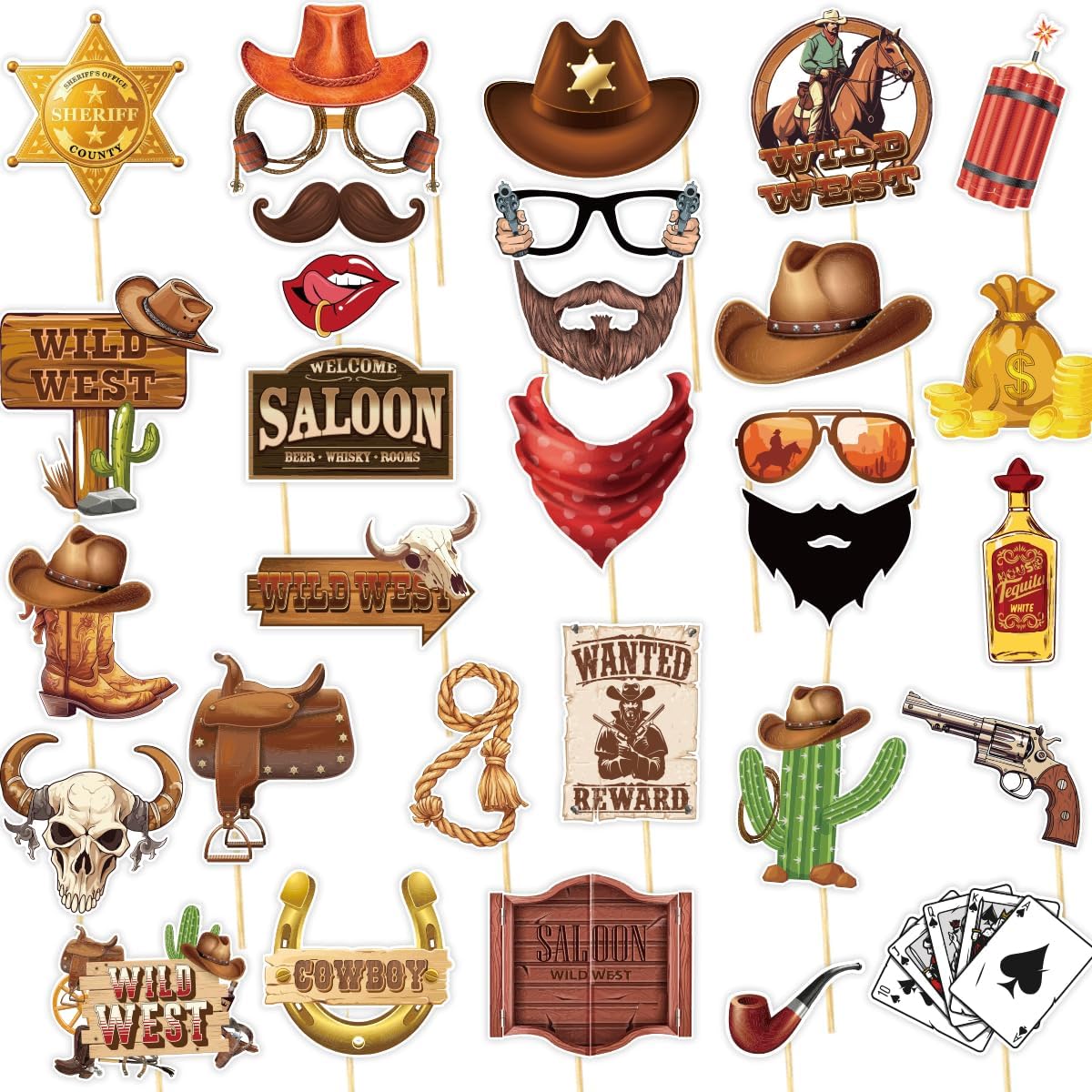 Western Cowboy Photo Booth Props, Tumwisk 30PCS Western Party Decorations, Rodeo Themed Party Selfie Props, Wild West Themed Photo Props for Birthday Country Cowboy Party Supplies