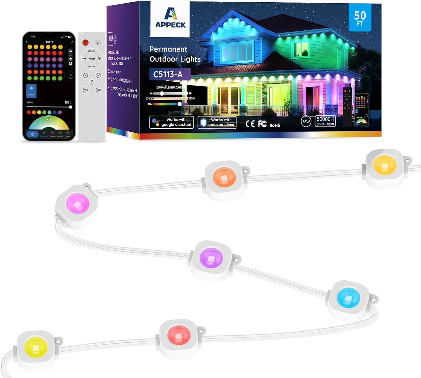 APPECK Permanent Outdoor Lights 50ft,RGBW Eaves Light with 36 LED Lights,111+ Scenes Modes Outdoor Lighting, Waterproof Permanent Light for Daily Holiday Halloween Decorations, Works with Alexa,White