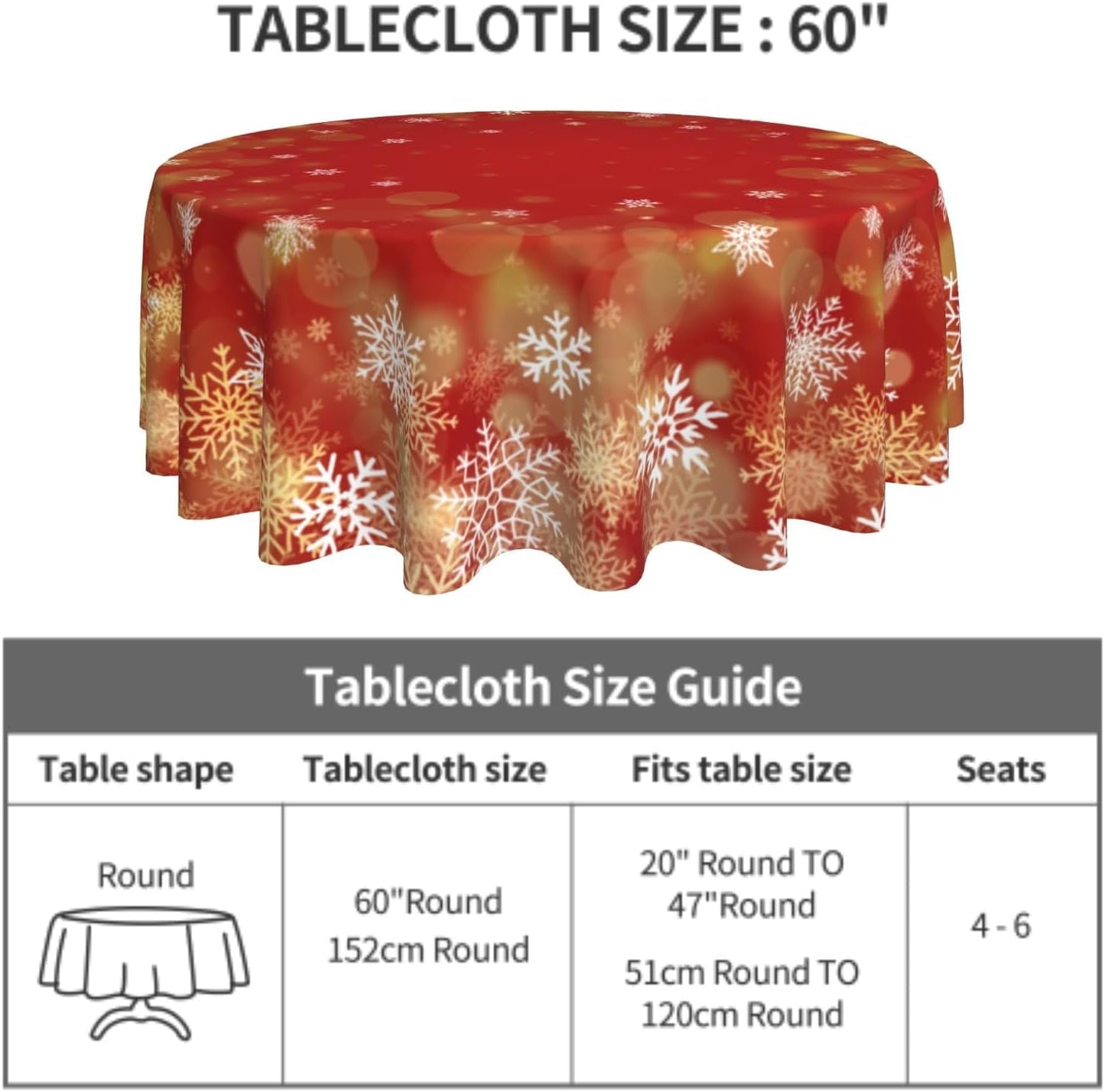 Giwawa Winter Snowflakes Round Tablecloth, Christmas Red Gold White Snow Table Cloth 60 Inch for Kitchen Dining, Xmas Polyester Fabric Non-Slip Table Cover for Holiday New Year Picnic Decor