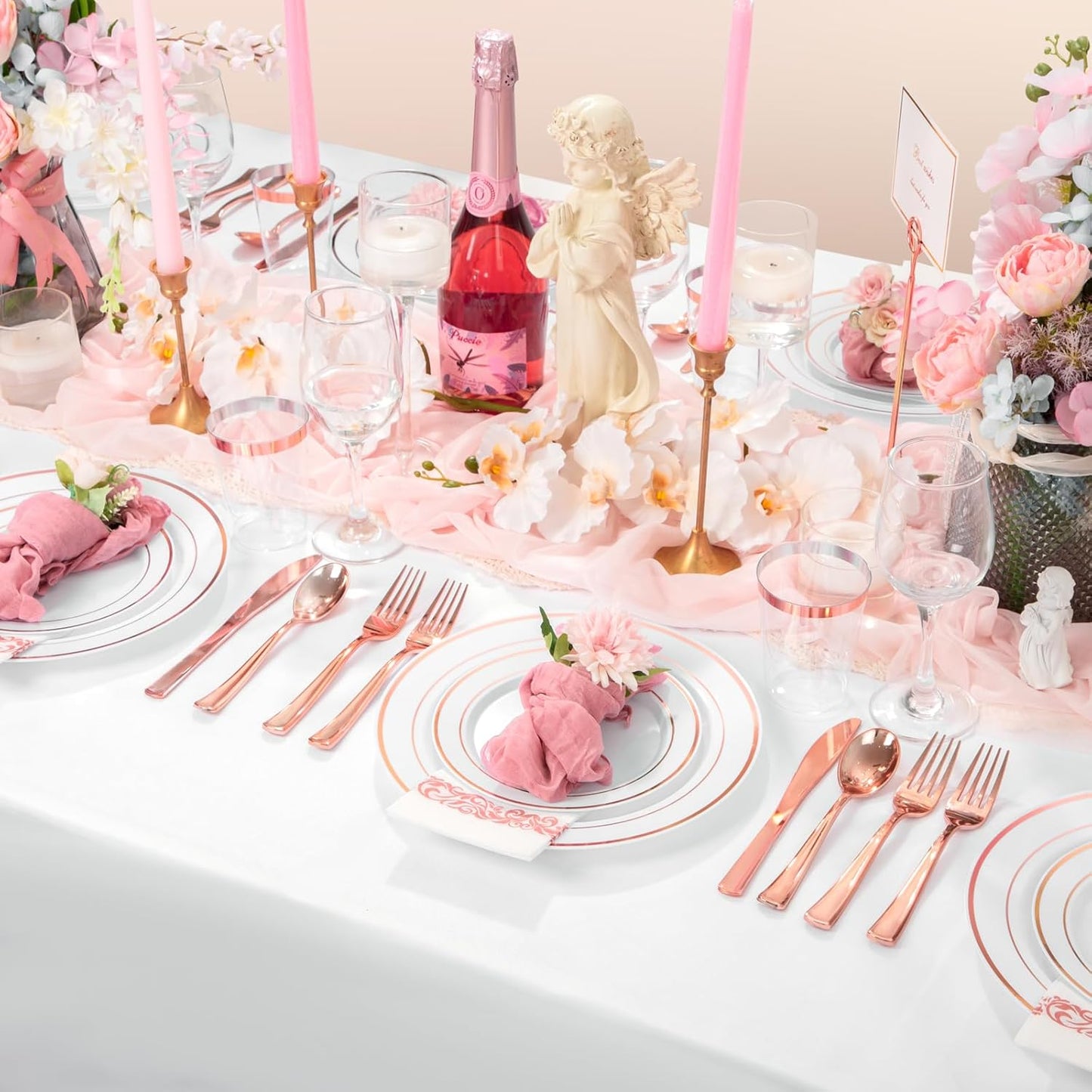 Supernal 400pcs Rose Gold Plastic Plates Disaposable Heavy Duty included Disposable Utensils& Plastic Party Plates Disaposable Party Cups and Napkins Sets for Wedding Party and Birthday