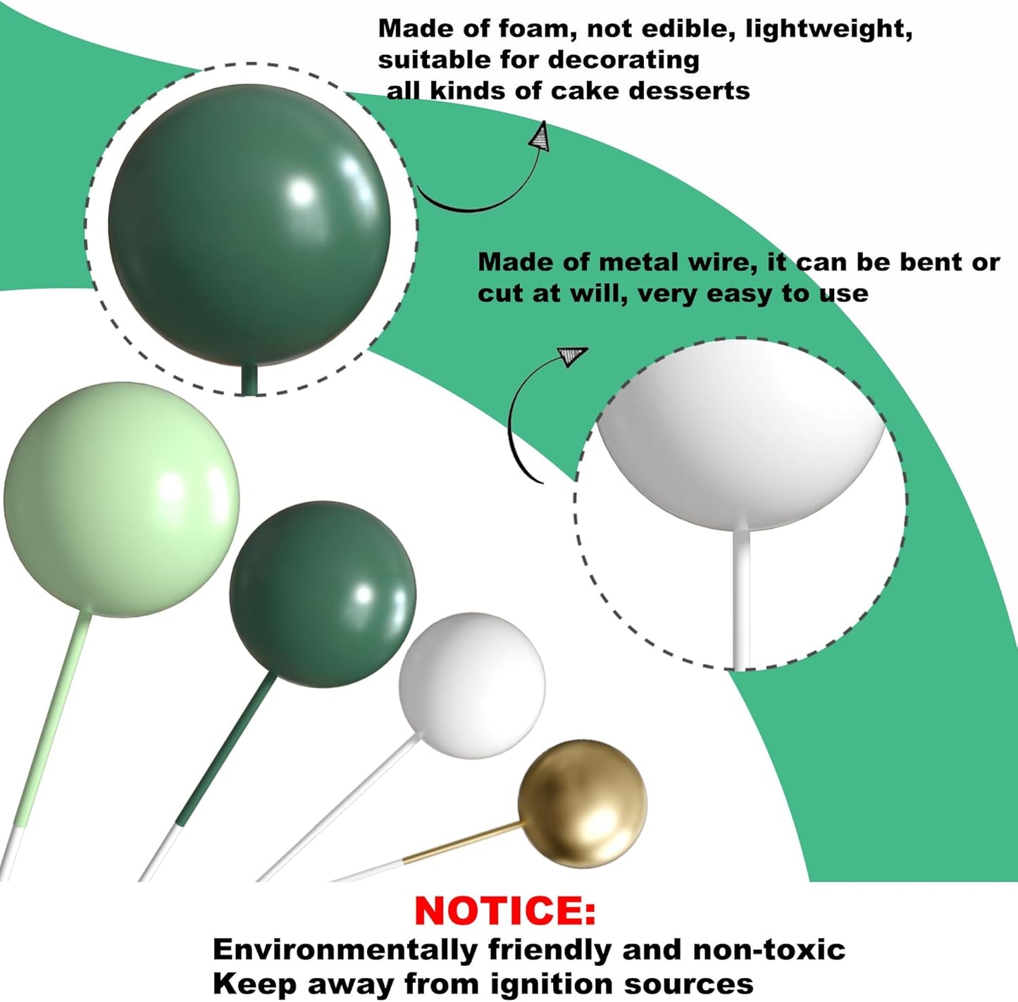 36 Pack Balls Cake Topper Decorations Foam Balloons Cake Decorations Sticks Mini Balloons Cake Toppers Balls Cake Picks for Baby Shower Wedding Anniversary Birthday Party Decorations Green White Gold