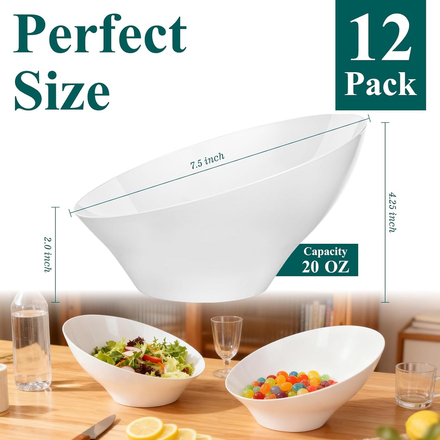 12pack White Plastic Bowl Disposable,20oz Plastic Party Bowls,Snack Party Bowls for Chip, Candy, Salad, Snacks, Fruit