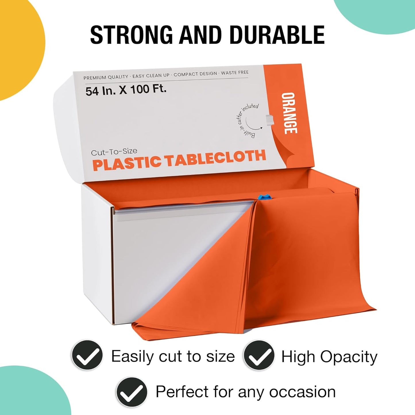 Party Solids 54 Inch X 100 Feet Orange Plastic Table Cover Roll in A Cut - to - Size Box with Convenient Slide Cutter. Cuts Up to 12 Rectangle 8 Feet Plastic Disposable Tablecloths