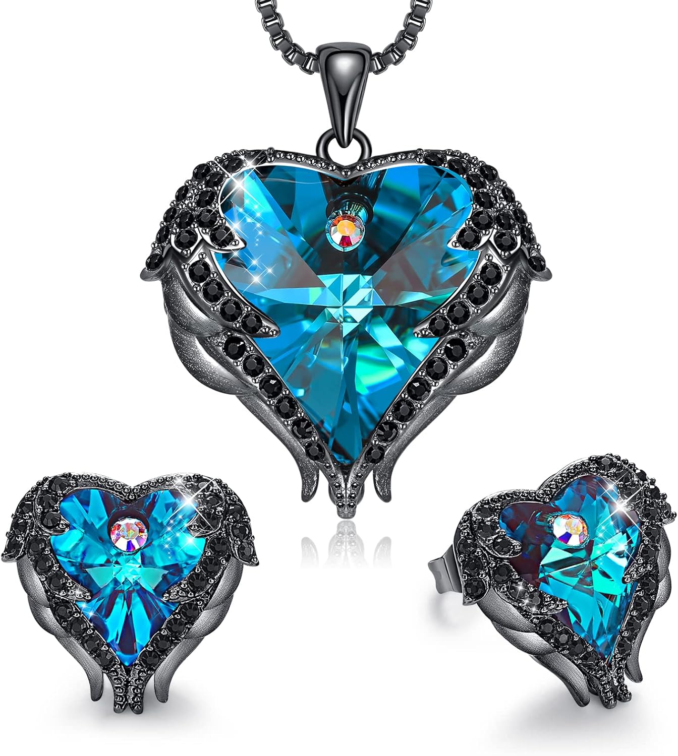 CDE Mothers Day Jewelry Set for Women, Angle Wing Heart Pendant Necklaces and Earrings with Birthstone， Birthday/Anniversary Christmas Jewelry Gift for Women Wife Her