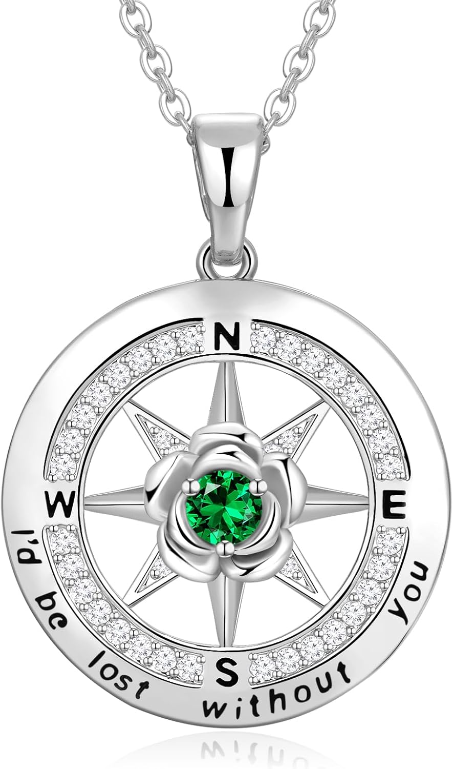 Silver Compass Necklace for Women Birthday Gifts for Wife Anniversary Necklace for Women Rose Flower Birthstone Necklaces for Wife Jewelry for Womens Girlfriend Mom Daughter