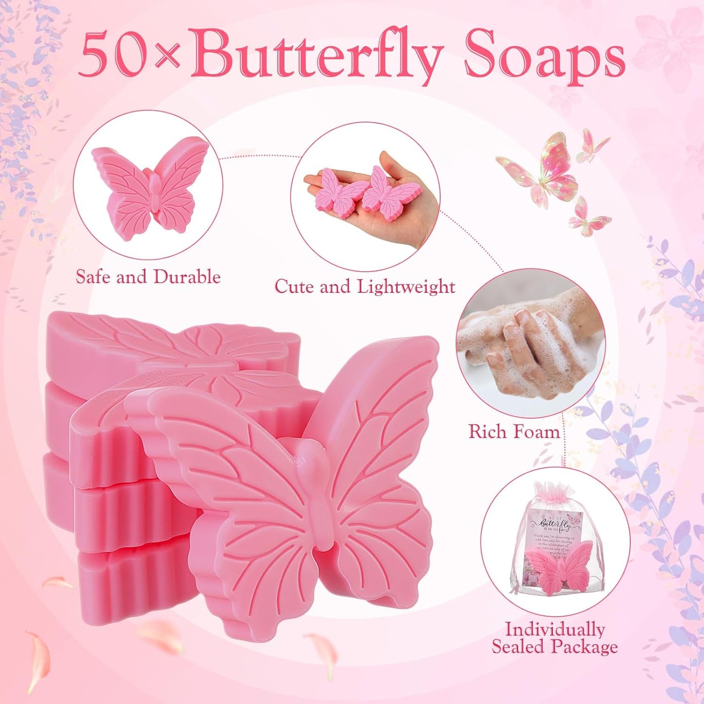 50 Sets Butterfly Themed Baby Shower Favors Butterfly Soap with Thank You Cards Gift Bag for Guest Gender Reveal Party Decorations Baby Shower Game Prizes Wedding Favor(Pink)