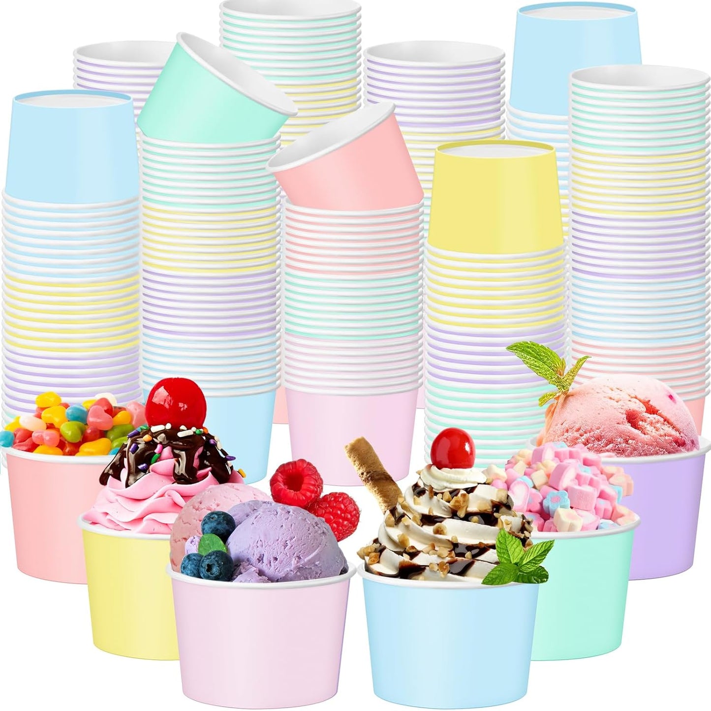 Paper Ice Cream Cups 9oz Colored Disposable Dessert Bowls for Hot or Cold Food Party Cups for Birthday Baby Shower Easter Party Supplies(Pastel Color,60 Pcs)