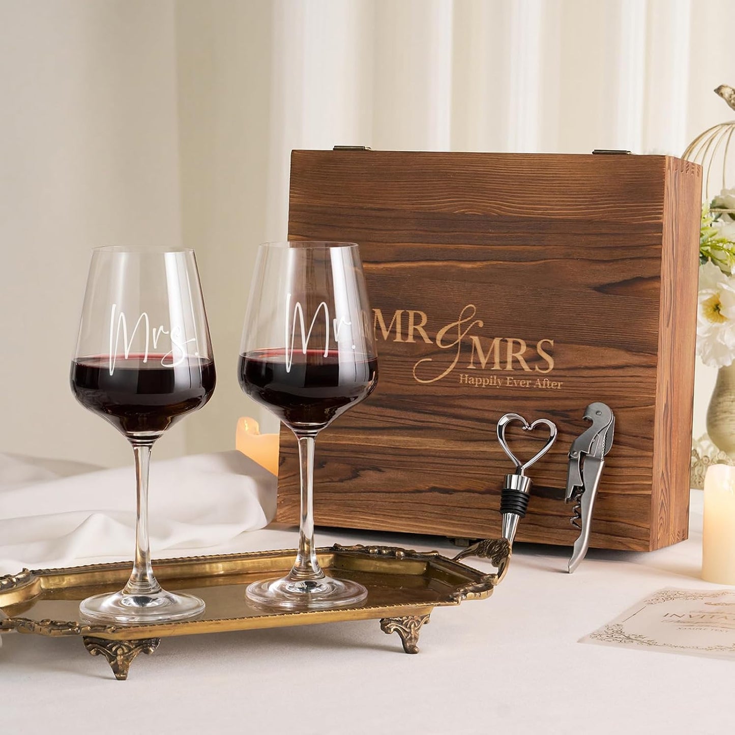 AW BRIDAL Mr and Mrs Wine Glasses Wedding Gifts for Couples 2025, Engagement Gift for Newlyweds, Bridal Shower and Bachelorette Gifts for Bride, Wine Opener Stopper and Engraved Wooden Keepsake Box
