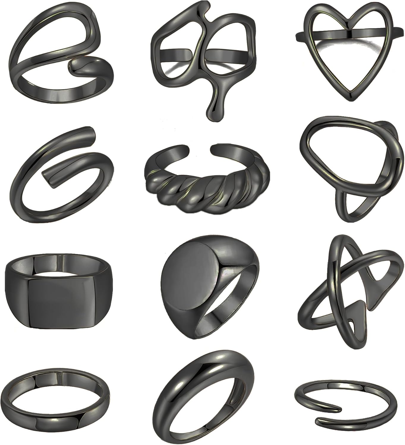 FAXHION 12PCS Gold Stackable Rings Set for Women, 18K Gold Plated Open Stacking Knuckle Ring, Adjustable Chunky Signet Band Statement Ring for Gift